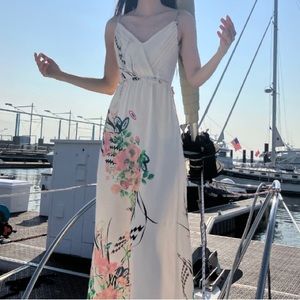 Summer dress crepe thin sundress spaghetti strap pockets floral white pink